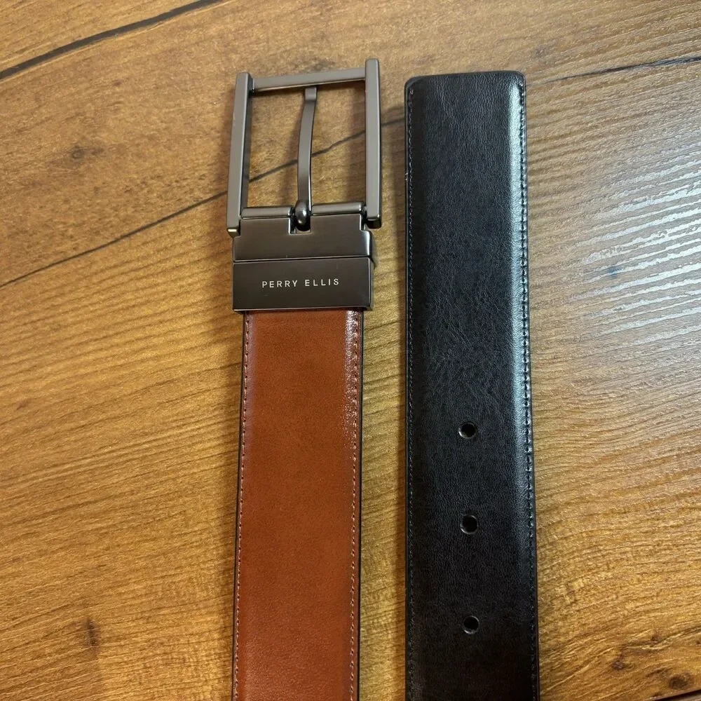 Perry Ellis Mens Brown Black Leather Reversible Buckle Dress Belt Sz 42